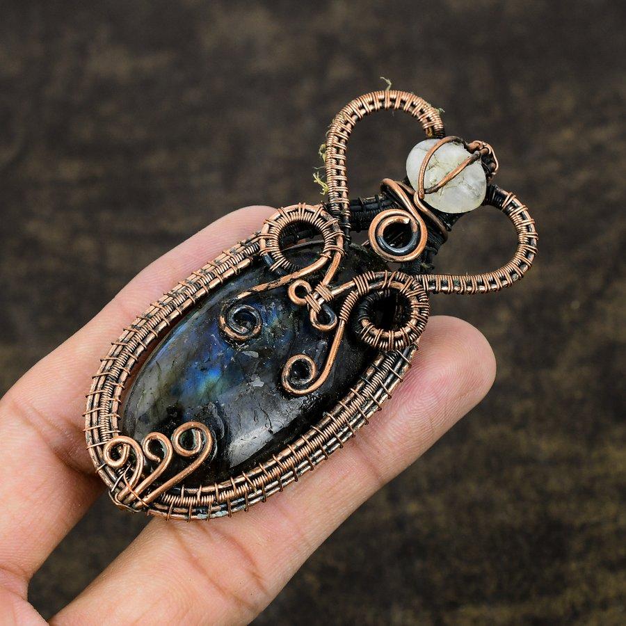 Labradorite, Moonstone Copper Wire Wrap Jewelry Pendant 3.47" M1i51