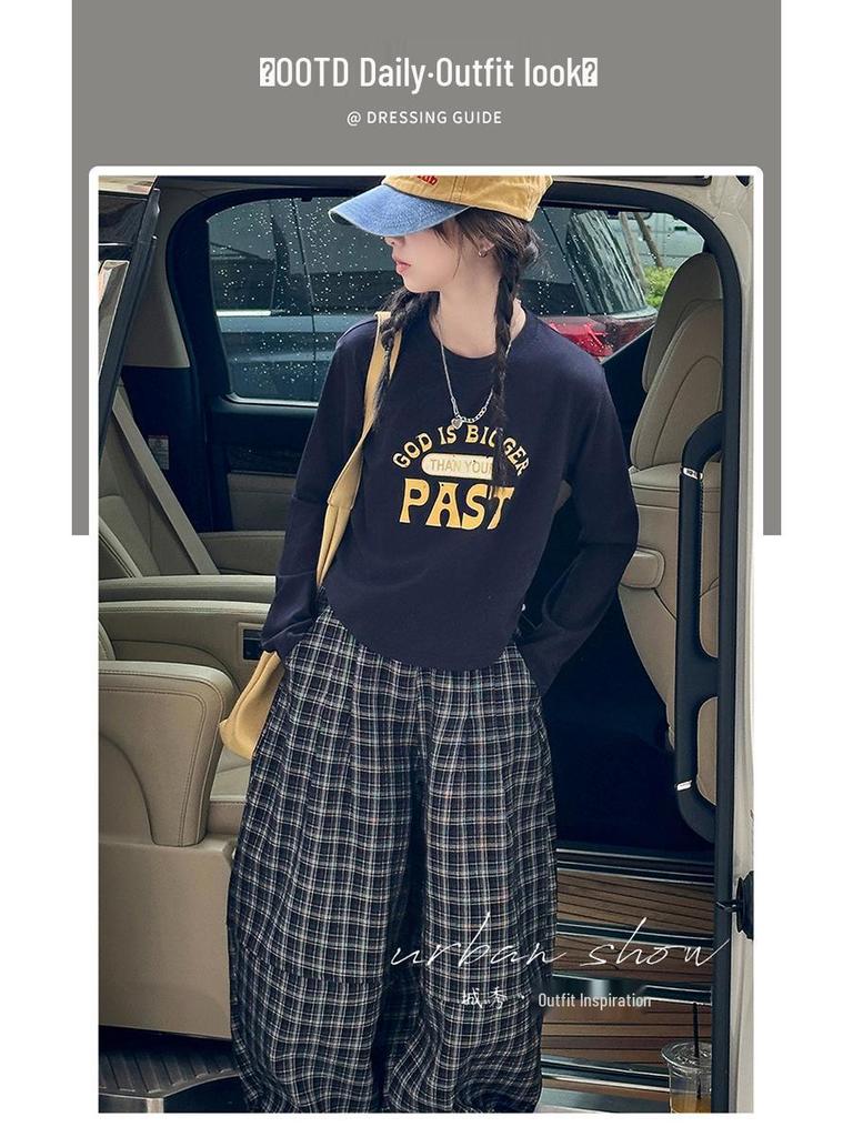 Sportliches zweiteiliges Mädchenset Herbst 2025: Buchstaben Kordelzug T-Shirt & Karierte Hose (Größe 7)