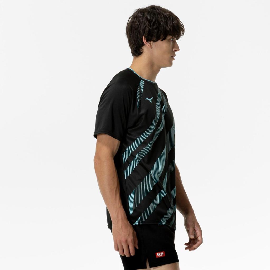 Mizuno Table Tennis Game Shirt, Short Sleeve, JTTA Certified, Moisture-Wicking, Quick-Drying, Unisex, 82JAC102, Black/Blue