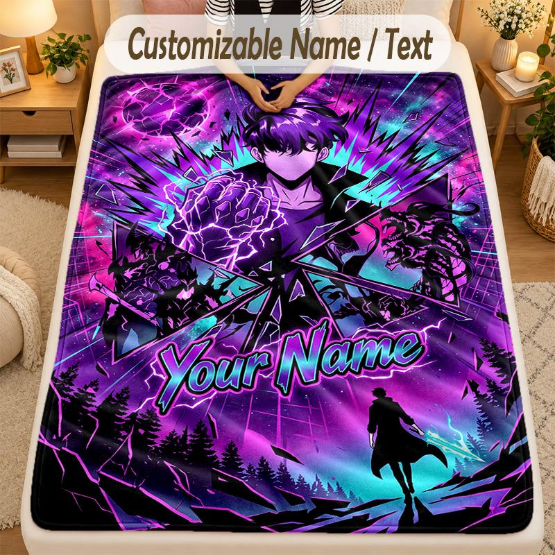 Flannel BlanketSolo Leveling Custom Name Text Personalized Soft Warm Throw Blanket Home Decor Gift