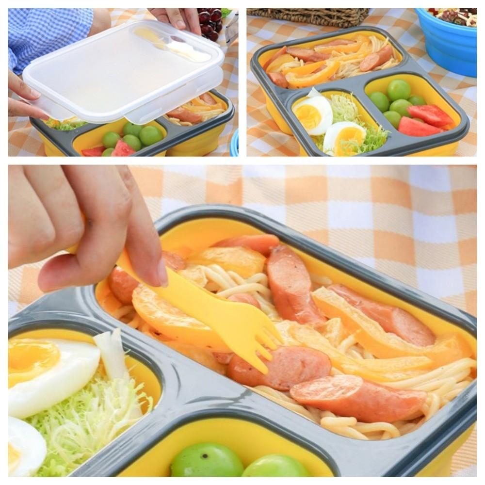 1350ml Foldable Lunch Box with Spork Large Capacity 3 Grids Food Storage Container  Student