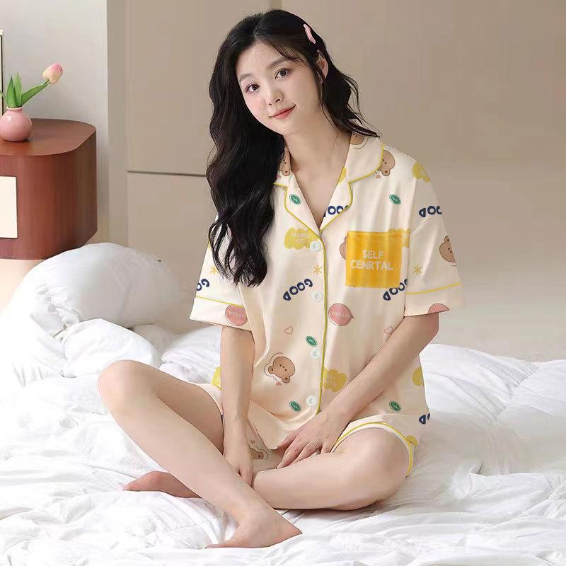 Can Wear Pajamas Women's Summer Cute Cartoon Bear Cotton Short-sleeved Cardigan Loungewear Women's Suit