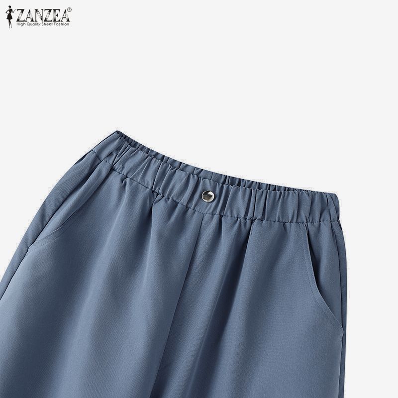ZANZEA Women Casual Elastic Waist Solid Color Loose Long Pants