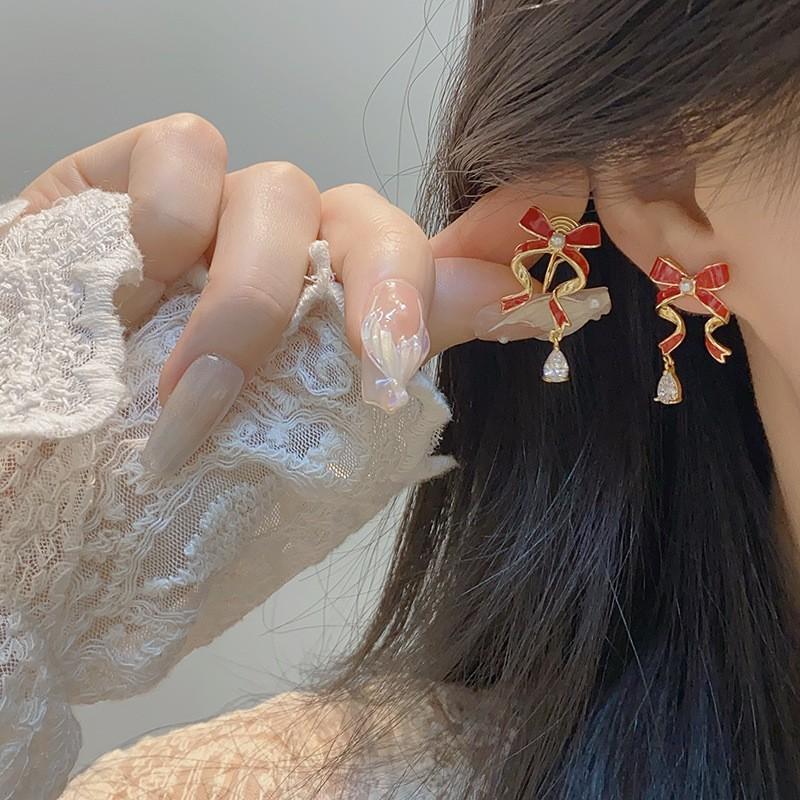 Elegant Butterfly Knot Dangle Earrings With Ribbon Zircon Drops Women Korean Sweet Style Mid-Length Studs