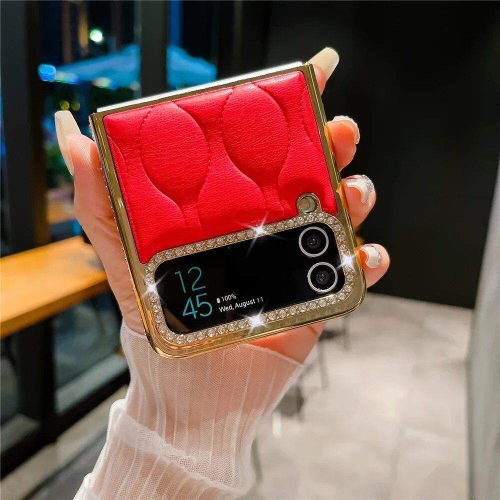 Husă din piele moale placată cu aur cu sclipici pentru Samsung Z Flip 3 Flip 5 Carcasă din piele moale pentru Samsung Galaxy Z Flip 4