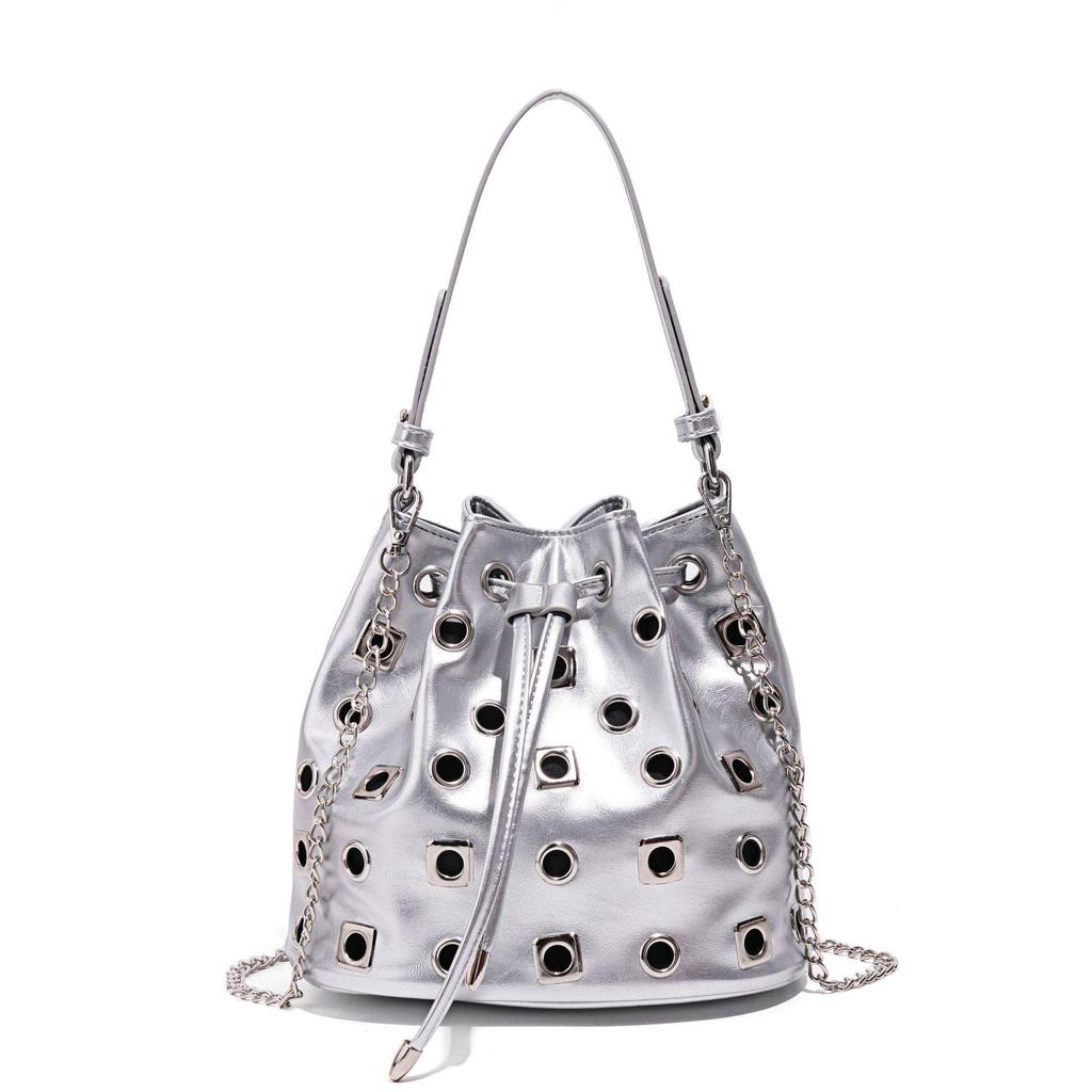 Punk Style Rivet Eyelet Bucket Bag with Chain Crossbody Strap