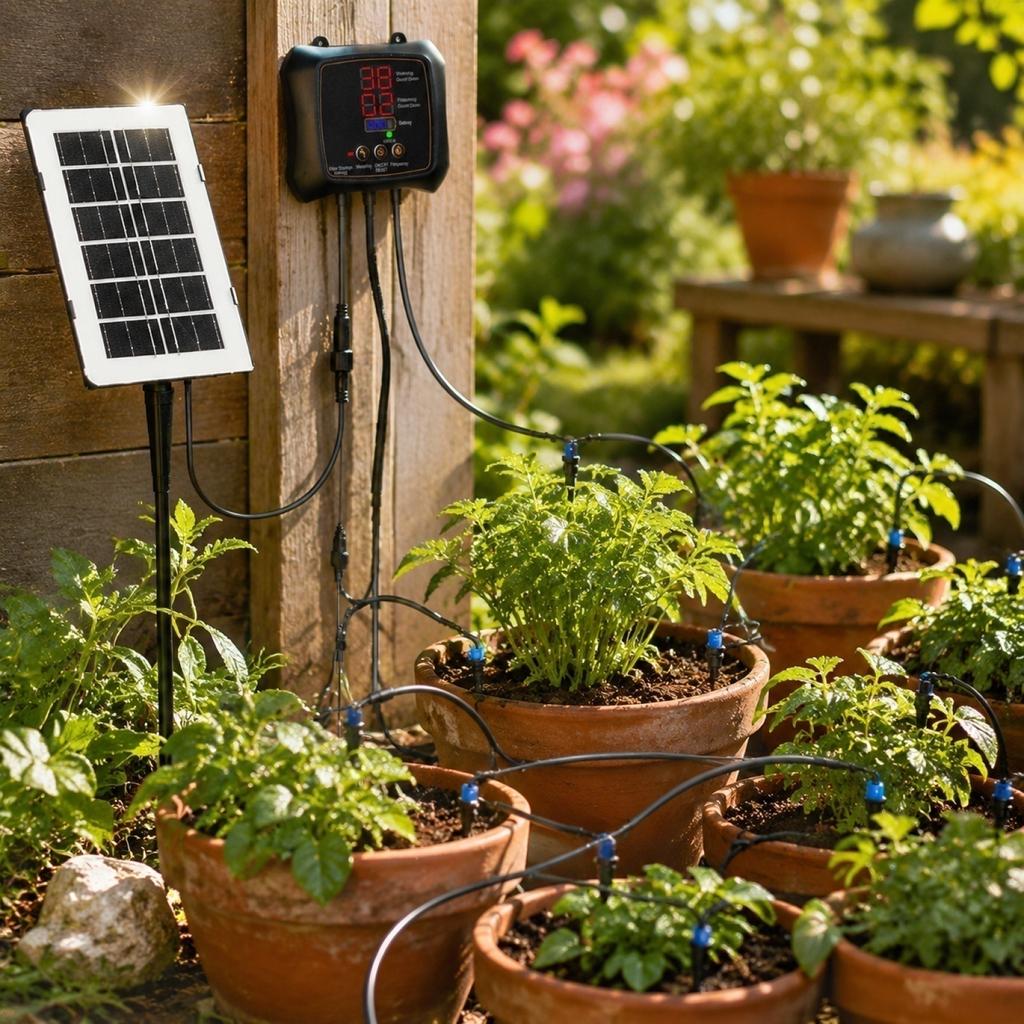 Solarbetriebenes Tropfbewässerungsset für 12 Pflanzen mit digitalem Zeitschaltuhr-Controller und verstellbarem Bewässerungssystem, geeignet für Garten und Außenbereich
