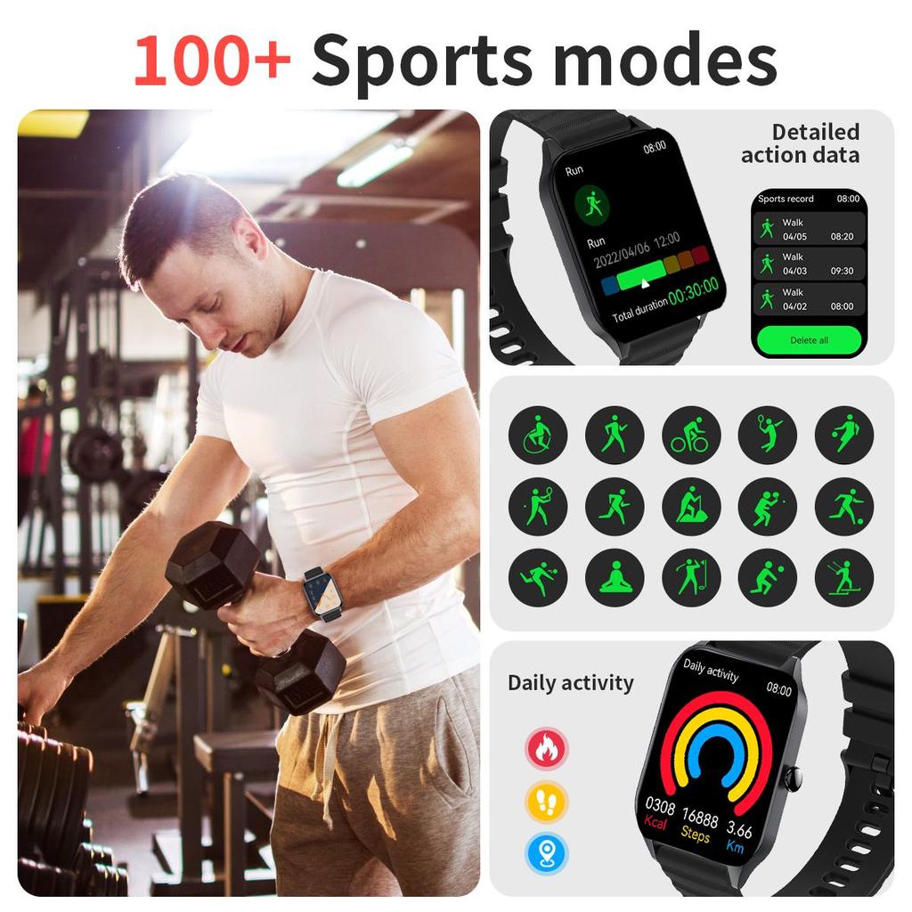 Smart Watch Tracker Wireless Call, Multiple Sports Modes, Silicone Strap, Flashlight, Weather for IOS/Android, Men and Women Smart Watch