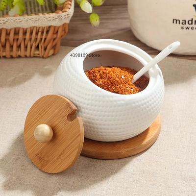 Ceramic Seasoning Jar with Lid Sugar Bowl Kitchen Storage Container Household Seasoning Box Storage Jar Wooden Tray 500ML