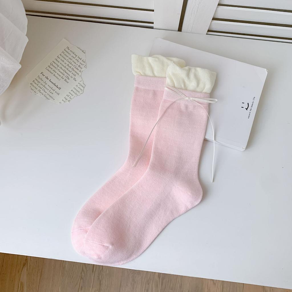 Stacked Socks Children's Bud Medium Tube Women's Socks Bow Cute Small White Leather Shoes Medium Long Socks