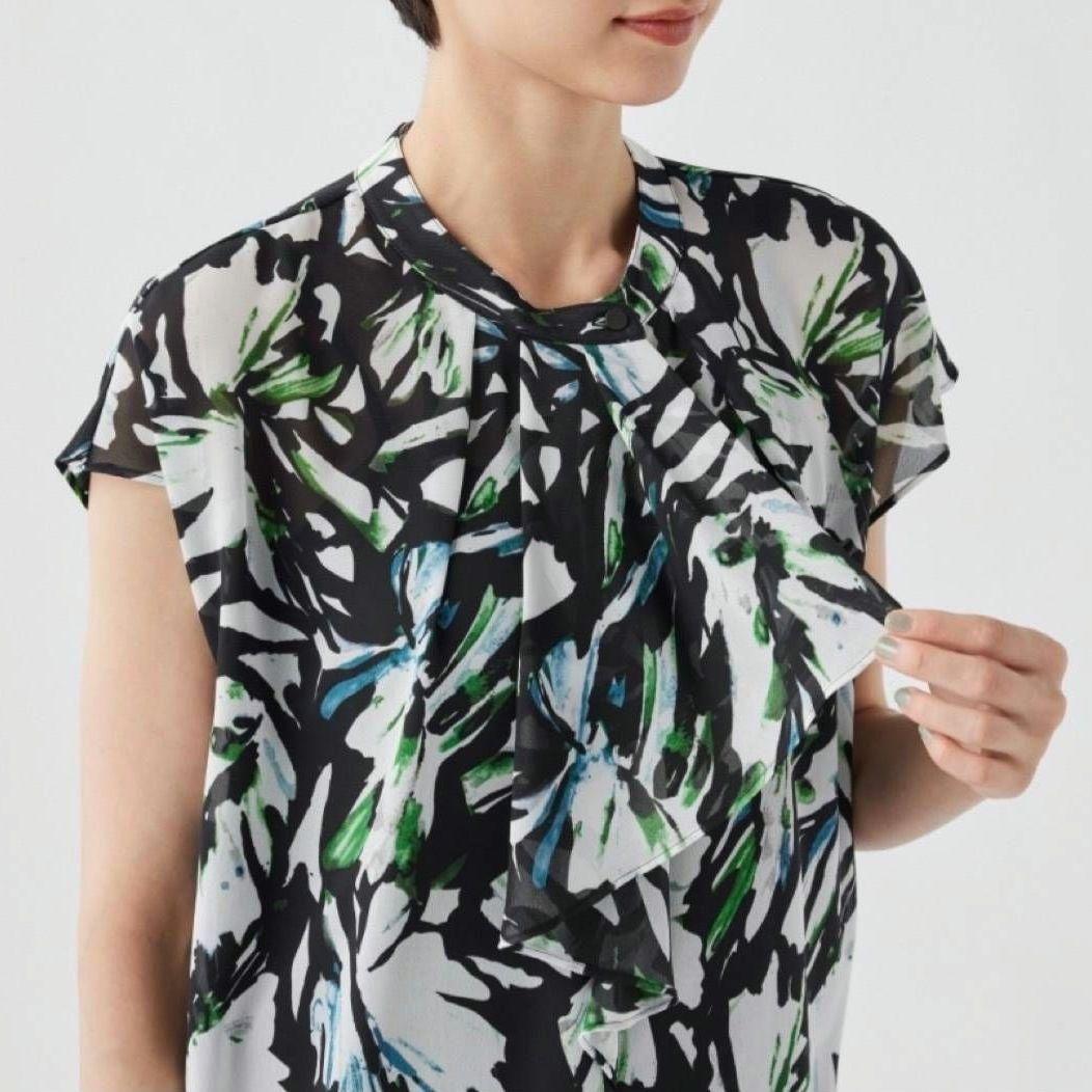 Plaste Georgette French Sleeve Blouse Sheer Leaf All Over Pattern M Black