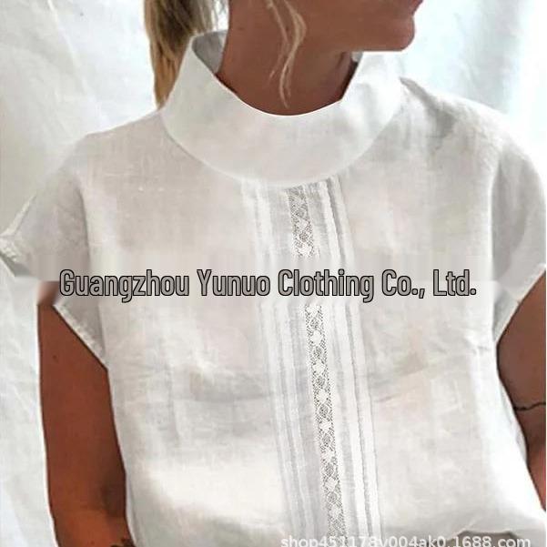 Nova Camisa de Manga Curta com Renda Vazada de Linho de Algodão Estilo Europeu e Americano, Coleção 2022