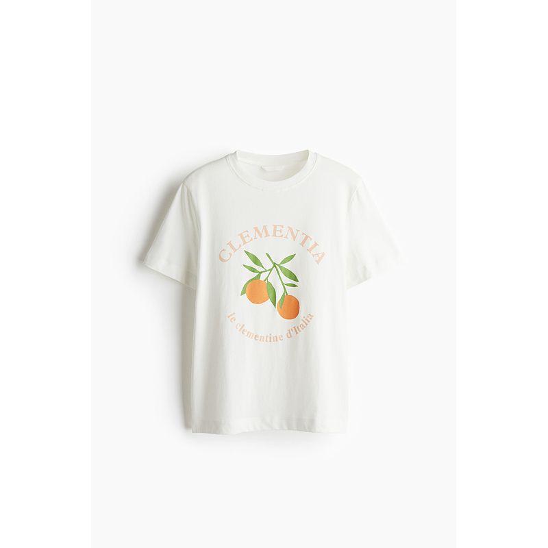

HM Women s T-shirt 2025 Autumn New Arrival Dopamine Fruit Printed Loose round Neck Short Sleeve Tops 1274171 White/Clementia 165/96