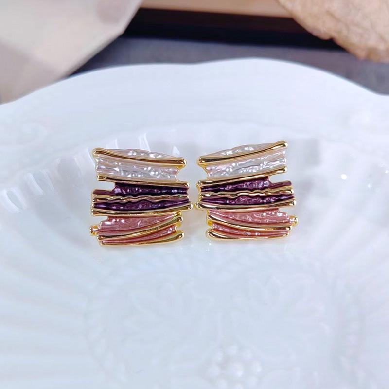 Colorful Pleated Stripe Gold Line Stud Earrings: Trendy Design for Women