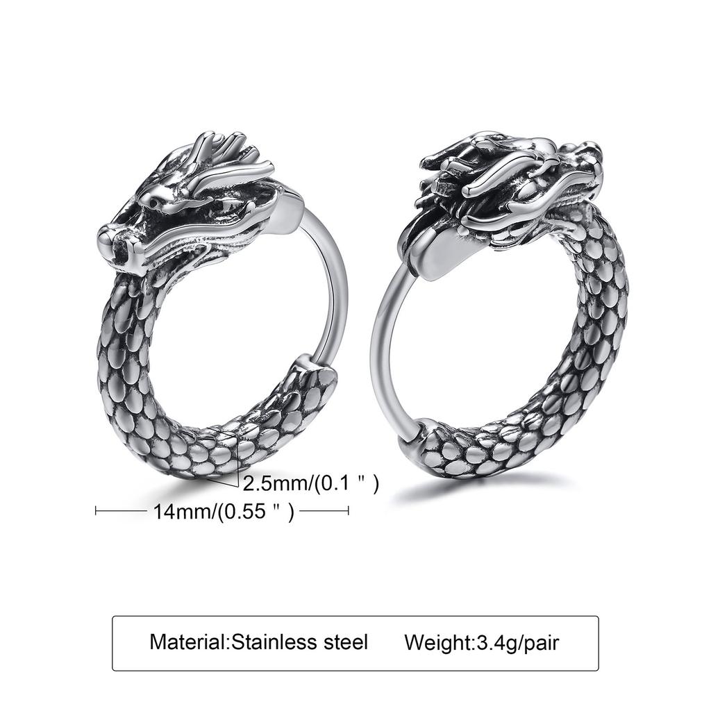 Vnox Retro Dragon Head Huggie, Vintage Stainless Steel Men Hoop Earrings, Cool Tranditinal Chinese Lucky Almut Boy Jewelry