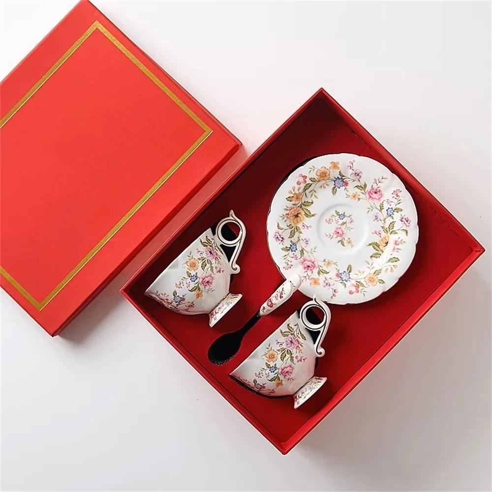 European-style Bone China Coffee Cup Afternoon Tea Cup and Saucer Kitchen Supplies Girl's Printed Cup and Saucer Set Gift