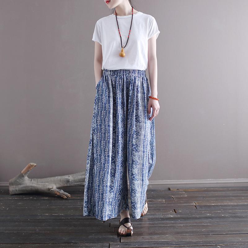 Summer Thin Style Artistic Cotton Linen Wide Leg Floral Ethnic Style Loose Elastic Waist Pants Straight Leg Pants for Women Trousers Women’s