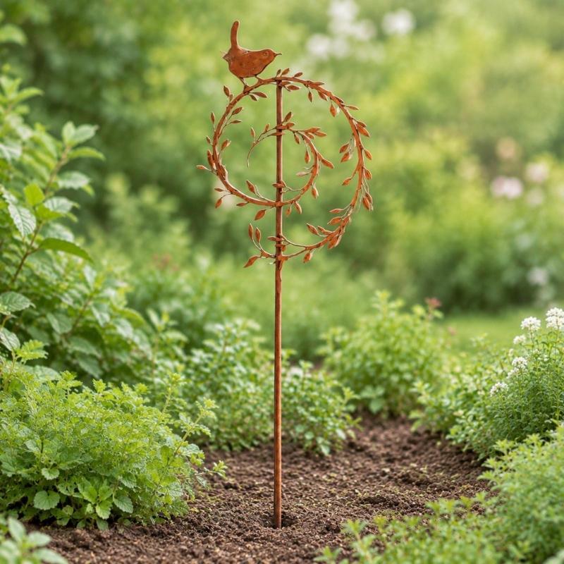 Iron Garden Stake with Aged-Look Brown Finish and Bird Detail for Flowers, Lawn Edges, and Suitable Soil Placement