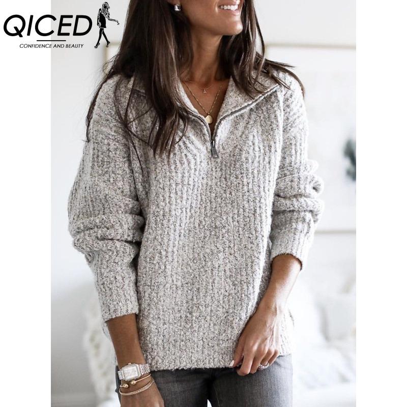 QICED Women's Fashion Casual Solid Color Print Autumn Winter Long Sleeve Zip Collar Loose Sweaters