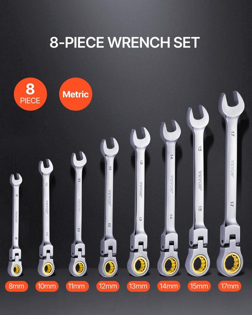 Flex-Head Ratcheting Wrench Set 8 PC Metric 8 mm-17 mm with Roll-up Pouch
