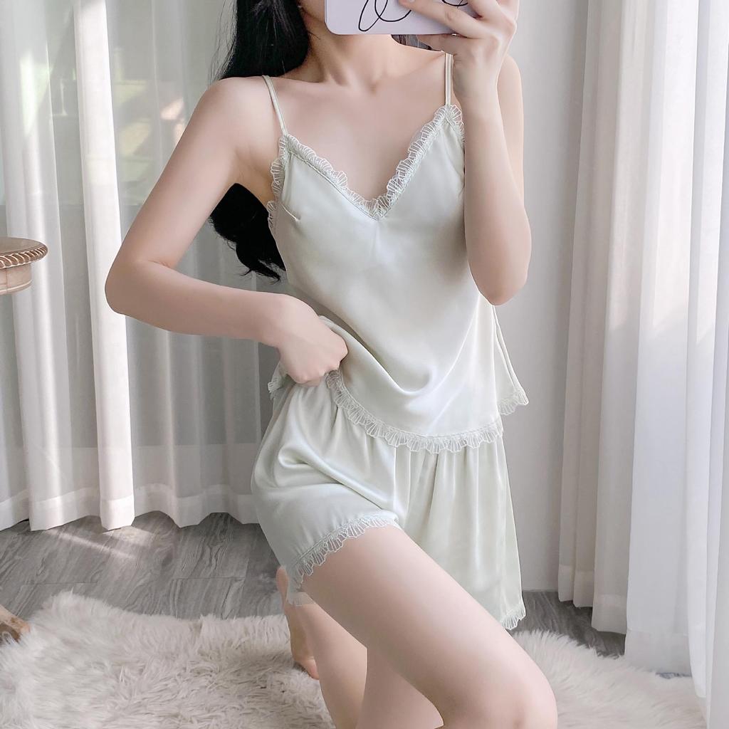 Women's Summer Ice Silk Lace Trim Pajama Set with Chest Pads