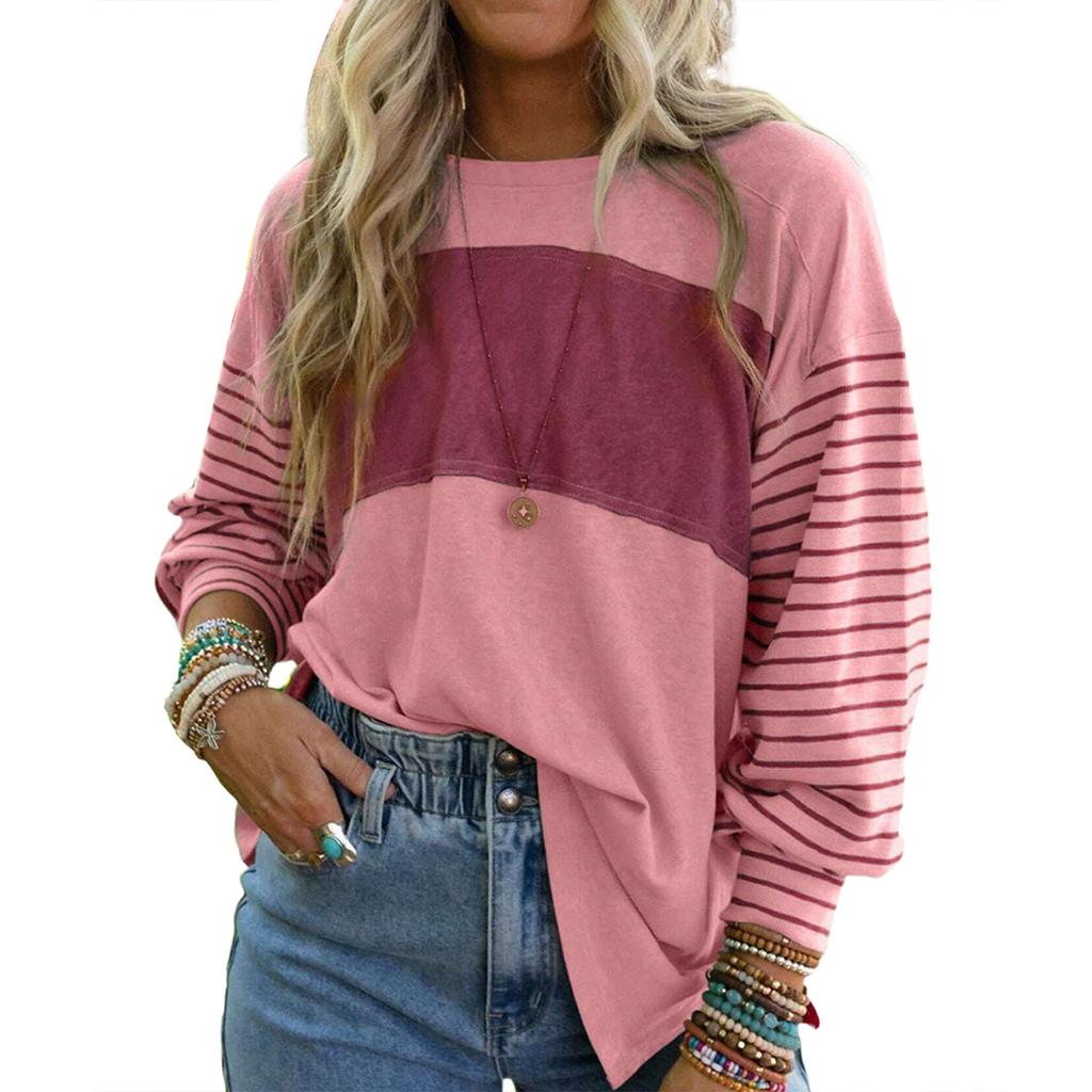 Women's Casual Loose Pullover Striped Contrast Color Long,sleeved T,shirt