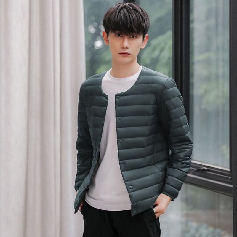 Winter new light down jacket men's short round neck neck warm liner long sleeve slim fit thin large size jacket