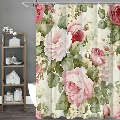 Rosa Rosen Duschvorhang mit Blumenmuster, dekorativer Duschvorhang für das Badezimmer, wasserdichter Duschvorhang mit Haken
