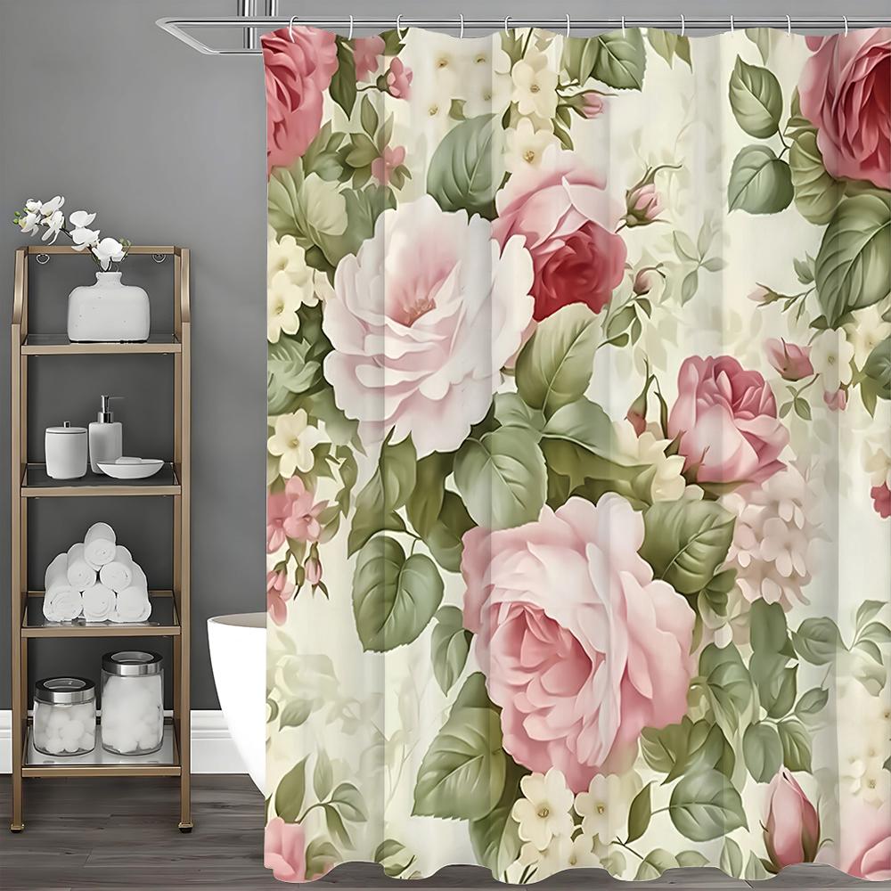 Pink Rose Floral Shower Curtain, Bathroom Decorative Shower Curtain, Waterproof Shower Curtain with Hooks