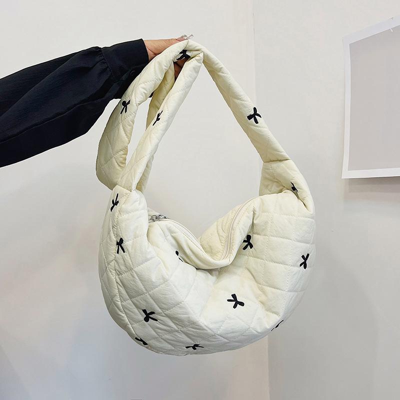 Women Nylon Bow Tie Crescent Crossbody Bag Large Capacity Quilted Dumpling Bag Padding Shoulder Bag Puffy Simple Satchel Bag CLE