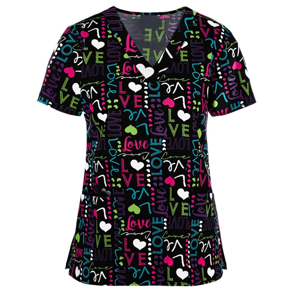 Uniforme de Travail pour Femmes Imprimé Animal Chat Chien Dessin Animé Manches Courtes Col V Hauts Femme Blouse Vêtement de Travail d'Infirmière Uniformes Médicaux