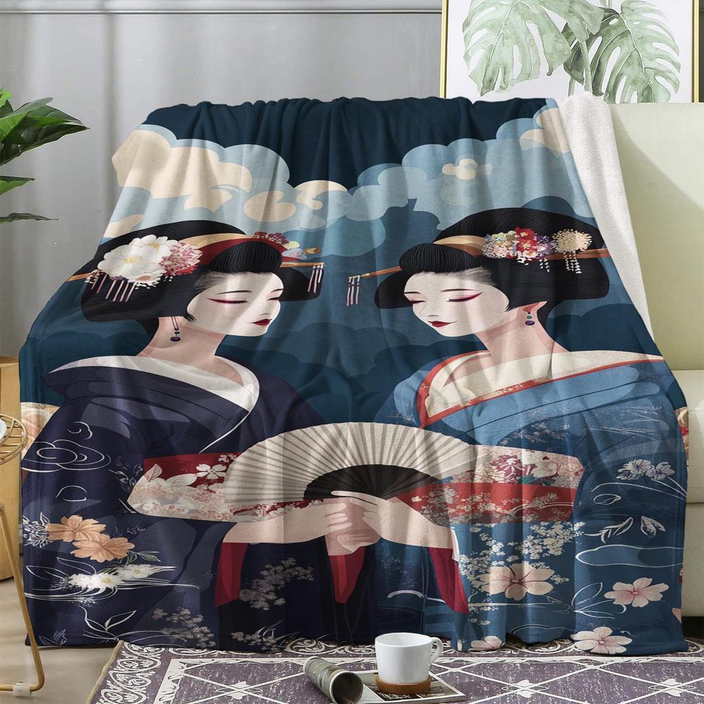 Series of Japanese Geishas Digital-printed Polyester Bedroom Velvet Flannel Cover Blanket Fleece Soft Cover Blankets for Beds