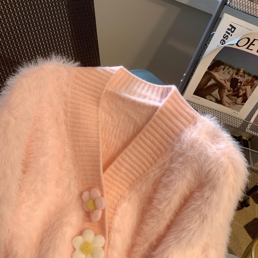 Jarní a podzimní pletený kardigan Imitace norkové fleecové mikiny Sladká barva bonbónu Květinový design Módní Malý invazivní temperament Dámský kabát