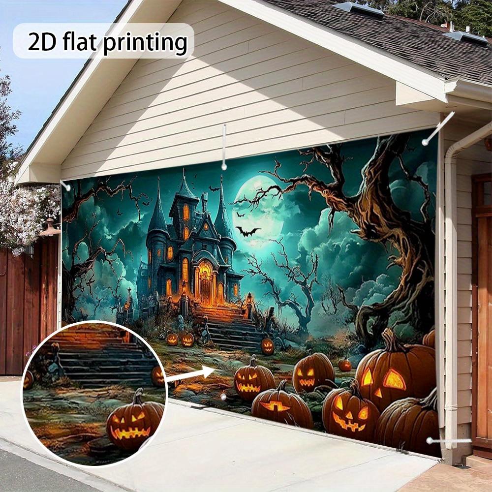 One Halloween Haunted House Garage Door Decoration - Pumpkin Lanterns Full Moon and Bat-themed banners.PMJ