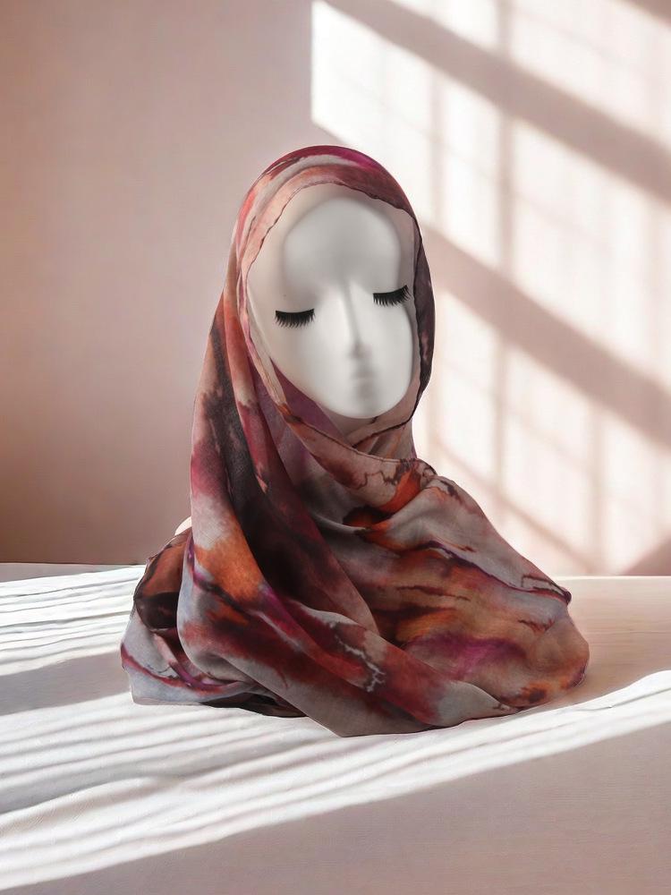Turkish Watercolor Tie-Dye Cotton & Satin Polyester Long Headscarf