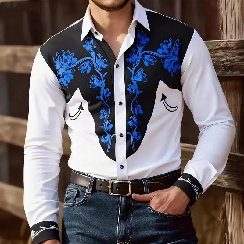 Western Style Long Sleeve Shirt with Golden Floral Embroidery, Trendy and Eye-catching
