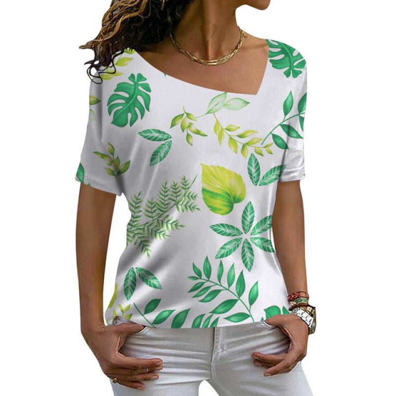 Ladies Fashion Casual Loose Pullovers Tee Shirts Summer 3d Pineapple Printed Women's Short Sleeves V-Neck Diagonal Collar Tops