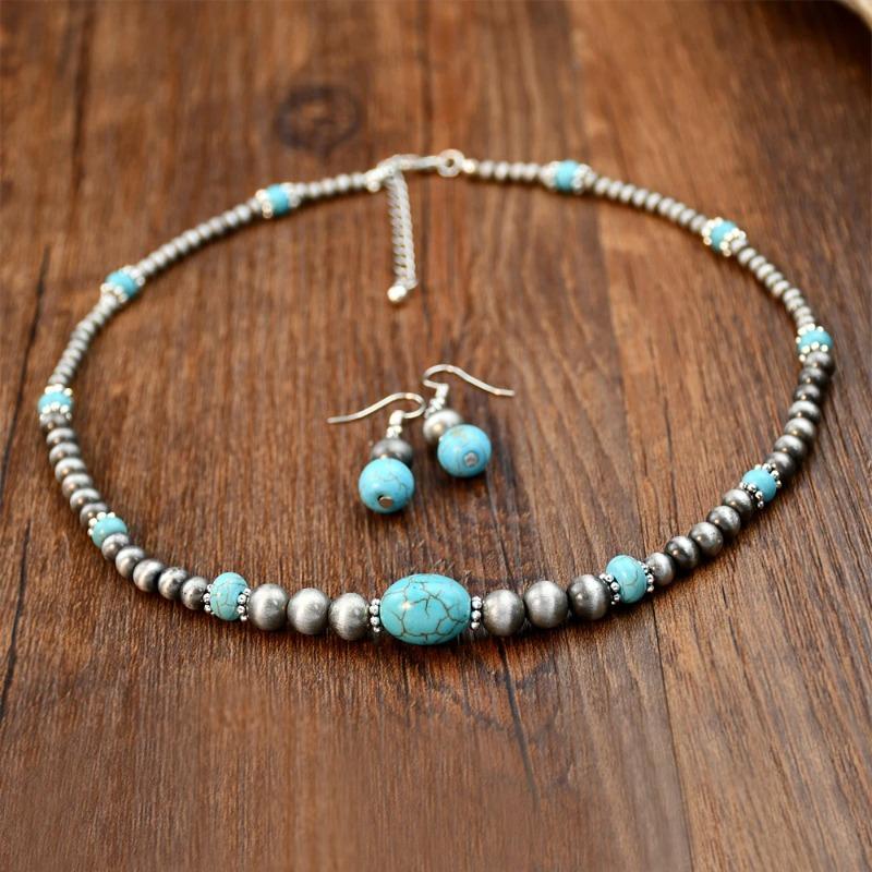 2-Piece Vintage Round Imitation Turquoise Necklace and Earring Set for Women Handmade Jewelry