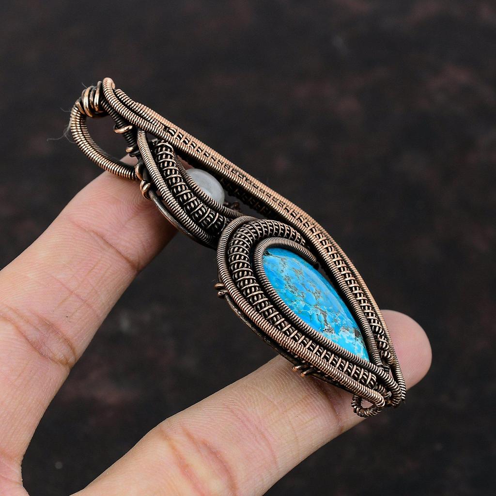 Tibetan Turquoise Pendant Copper Wire Wrapped Pendant Rainbow Moonstone Pendant Handmade Copper Jewelry Gemstone Jewelry Gift For Engagement
