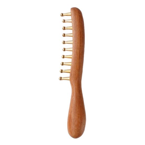 Copper Massage Brush, Gua Sha Comb with Wood Handle And Brass Balls, Brass Massage Tool, Facial Massager for Face, Jawline, Scalp, Eye Care, Body