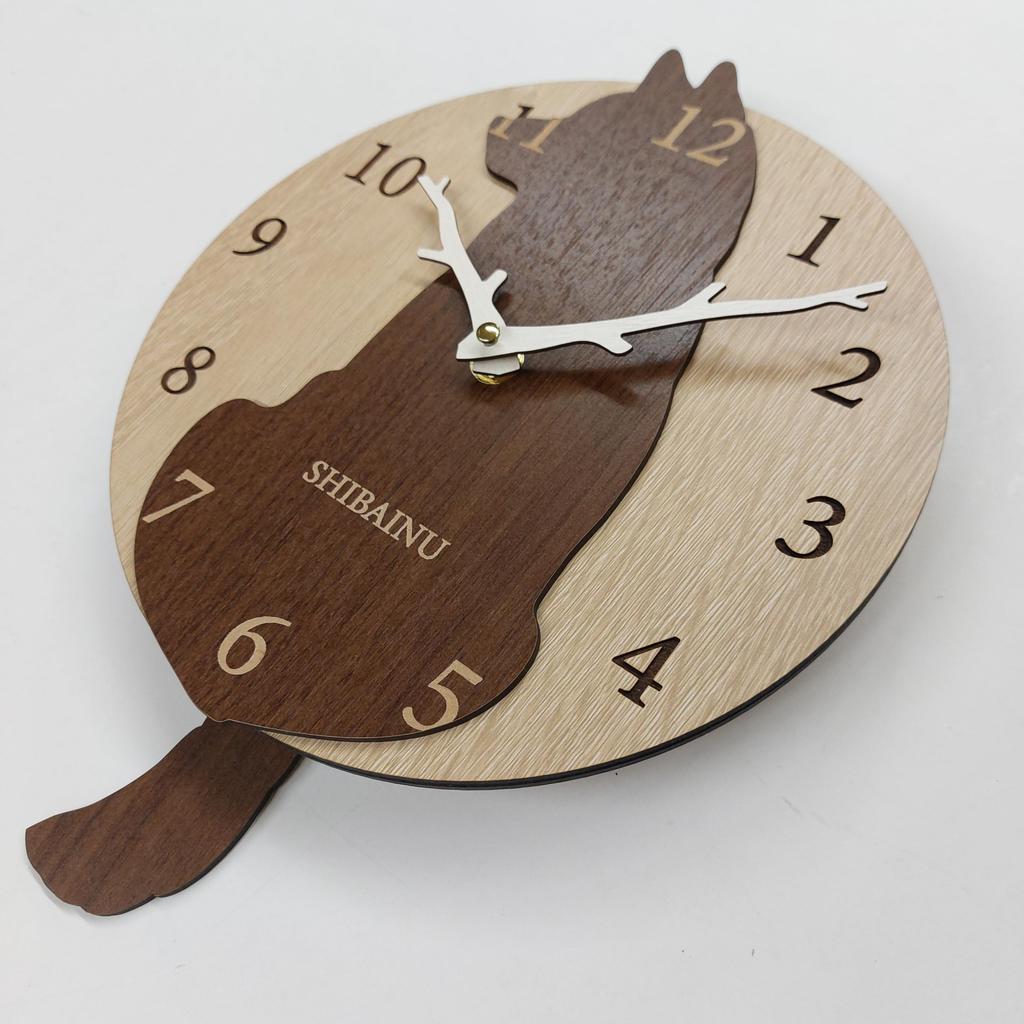 Shiba Inu Brown Wall Clock with Pendulum, Wooden Design, Quiet, Natural, Stylish, Dog Lover's Gift, Dog Motif, Nordic Style, Cute, Wagging Tail