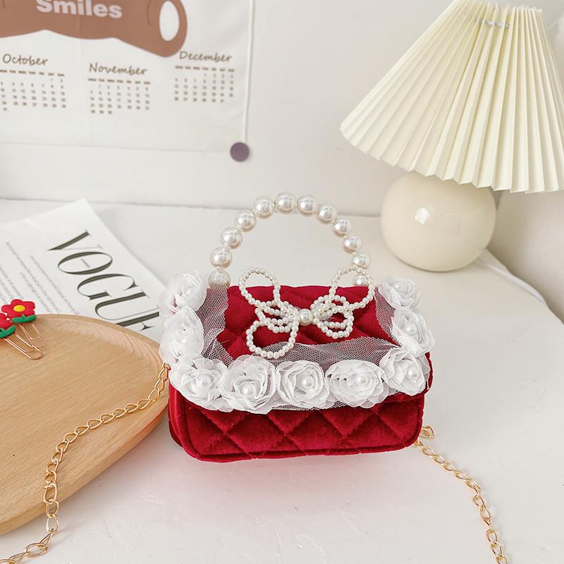 Stylish Red Pu Leather Children s Handbag With Pearl Details And Bow Design For Girls Style Six