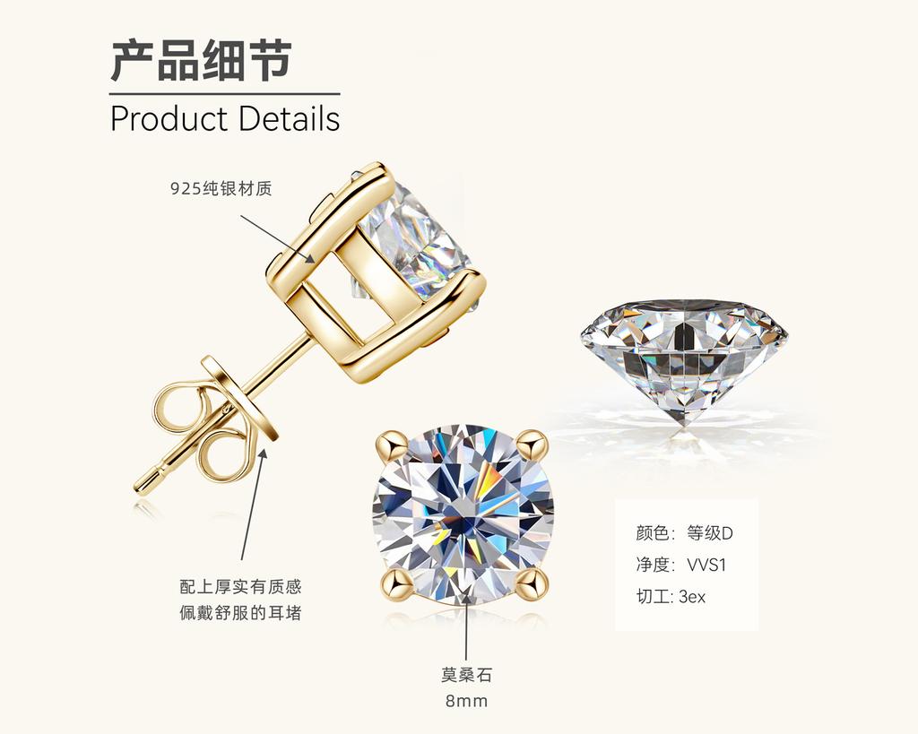 Silvere Glam Classic Four-pronged Moissanite Stud Earrings With A Niche Design For Women, S925 Sterling Silver Earrings