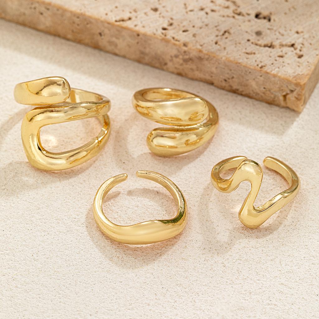 4-piece Fashionable and Personalized Geometric Metal Wide Face Women's Ring and Ring Set, Versatile for Daily Use