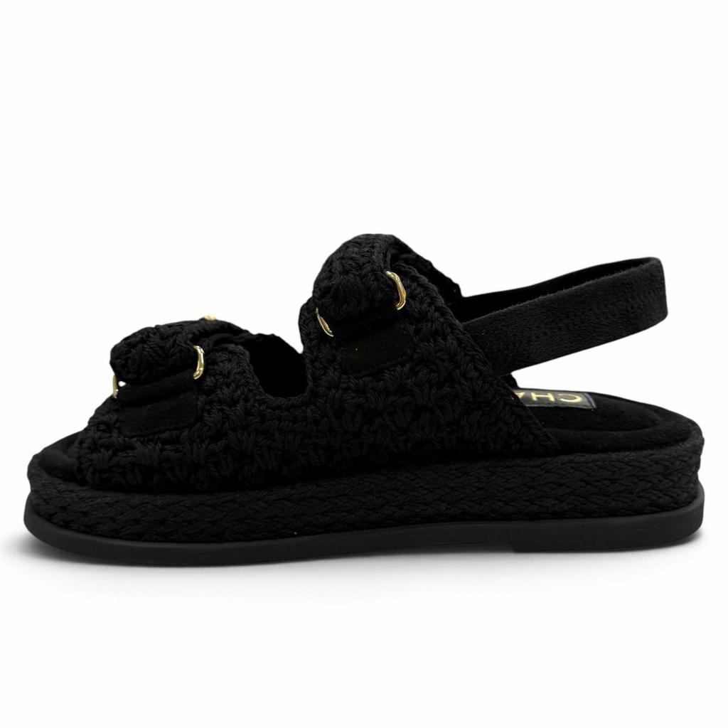 Pristine CHANEL Sandals COCO Mark Velcro Knit Black Suede Leather 37 G46339 Used