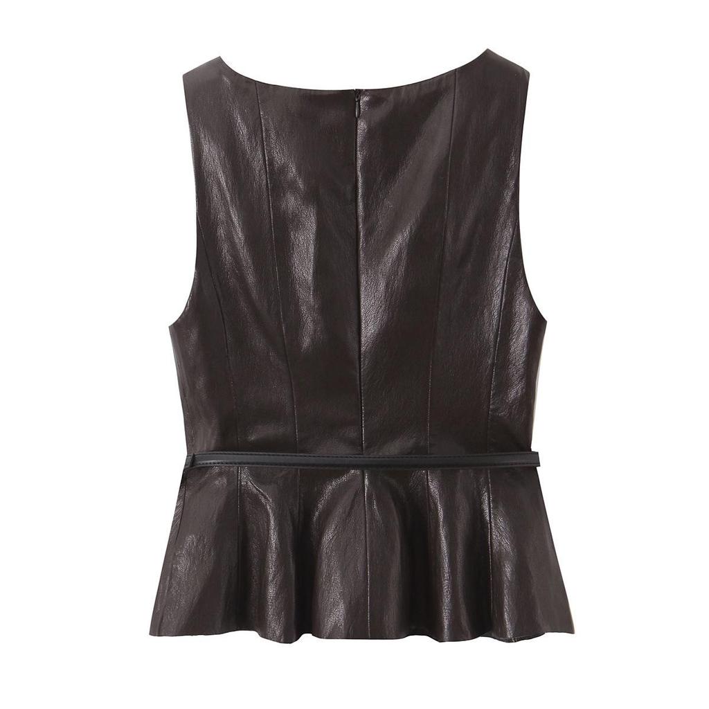 2026 Spring Leather Effect Belted Top & High-Waisted Slim Midi Skirt Set