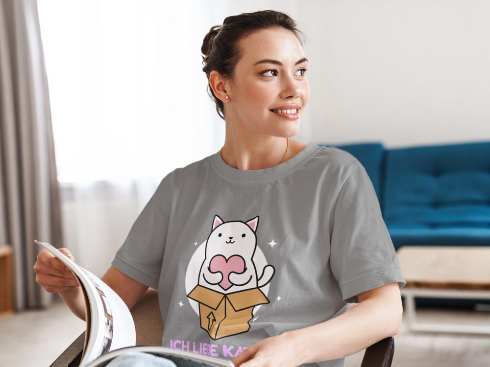 BIO BAUMWOLLE Damen T-Shirt Oversize FUNNY KATZE Ich Liebe Katzen
