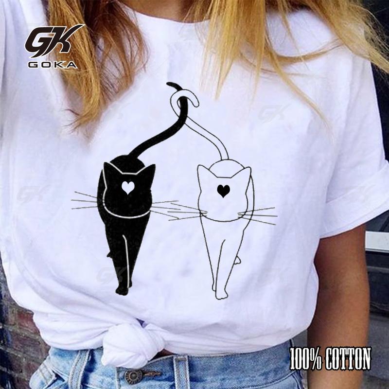 Women Graphic Cartoon Cat Pet Animal Cute 90s Love Short Sleeve Cartoon Lady Cotton T Shirt Vacation Tops Tees Print T-Shirts