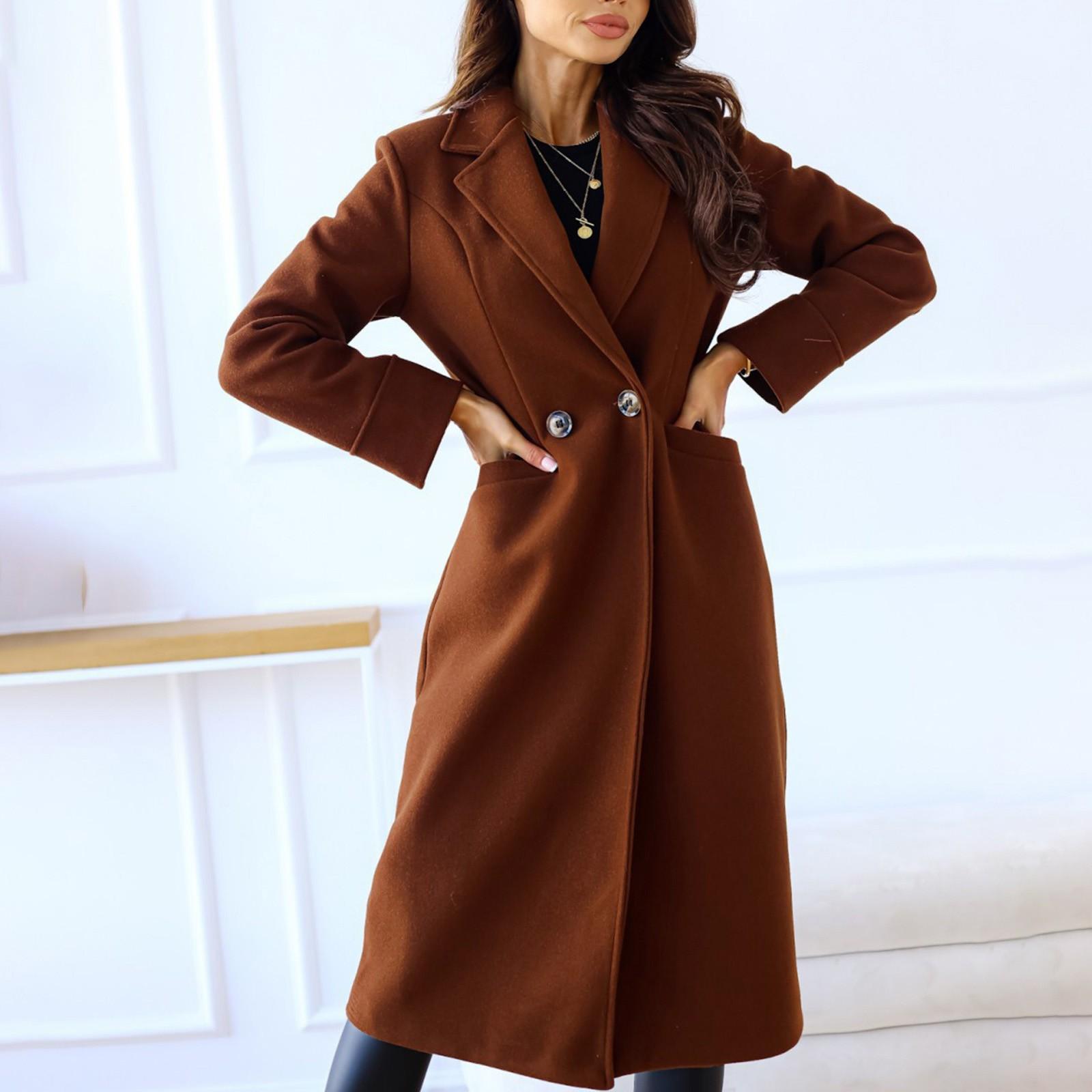 

Женская И Зимняя Приталенная Твидовая Куртка с Длинным Рукавом, Однотонная, на Пуговицах, с Карманами XL коричневый