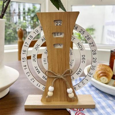 Calendário perpétuo de madeira criativo faça você mesmo, cartão de registro de tempo rotativo, calendário de disco reutilizável, decoração estética de mesa, calendário de madeira